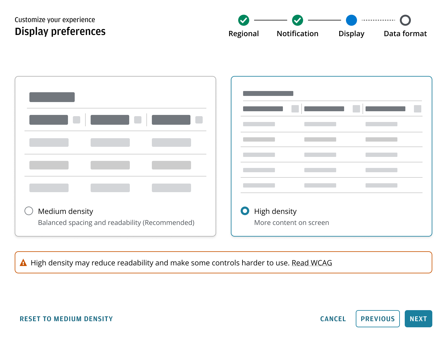 An example for accessibility guidance and recovery for an experience customization pattern